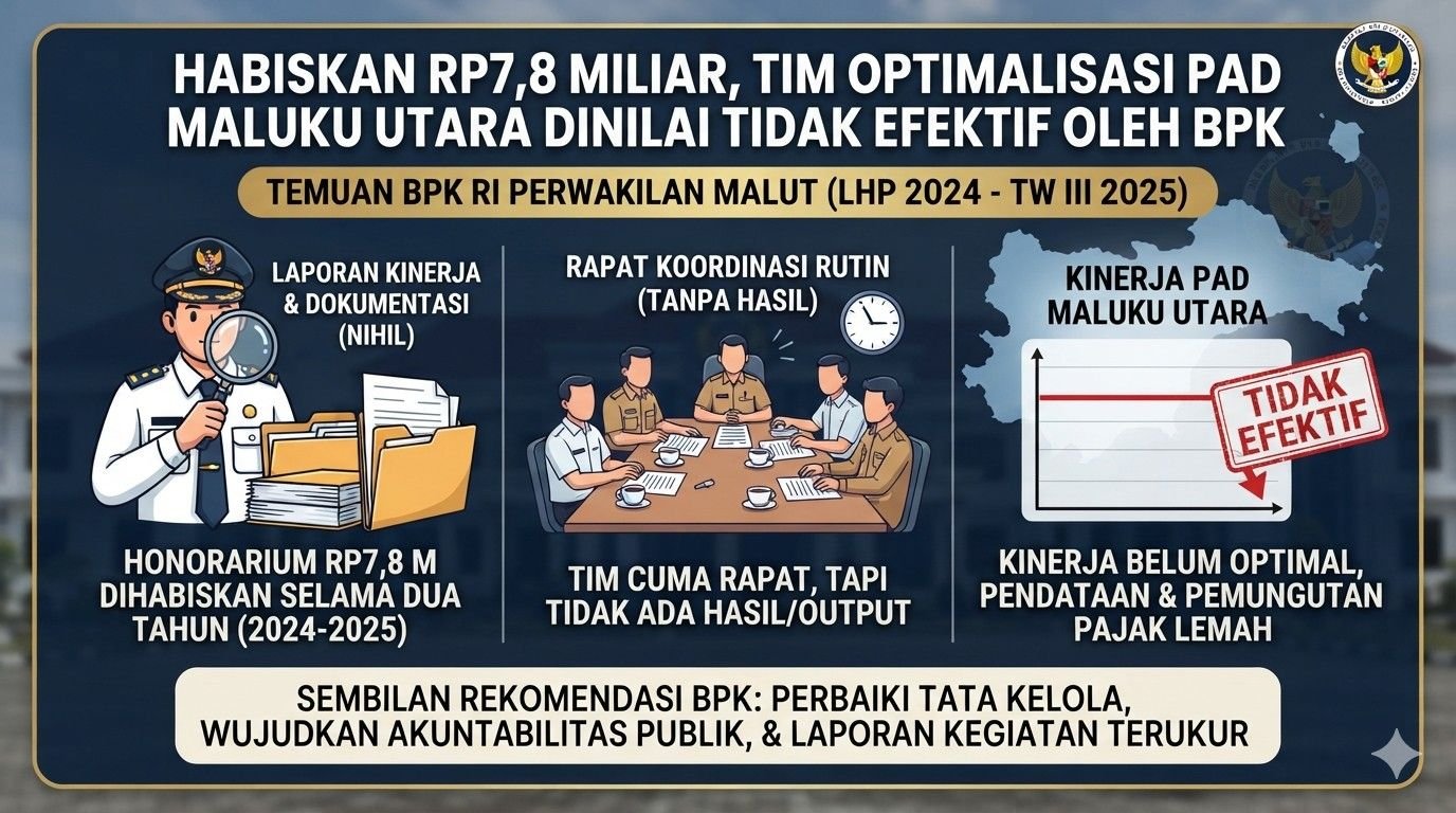 Habiskan Rp7,8 Miliar, Tim Optimalisasi PAD Maluku Utara Dinilai Tidak Efektif oleh BPK