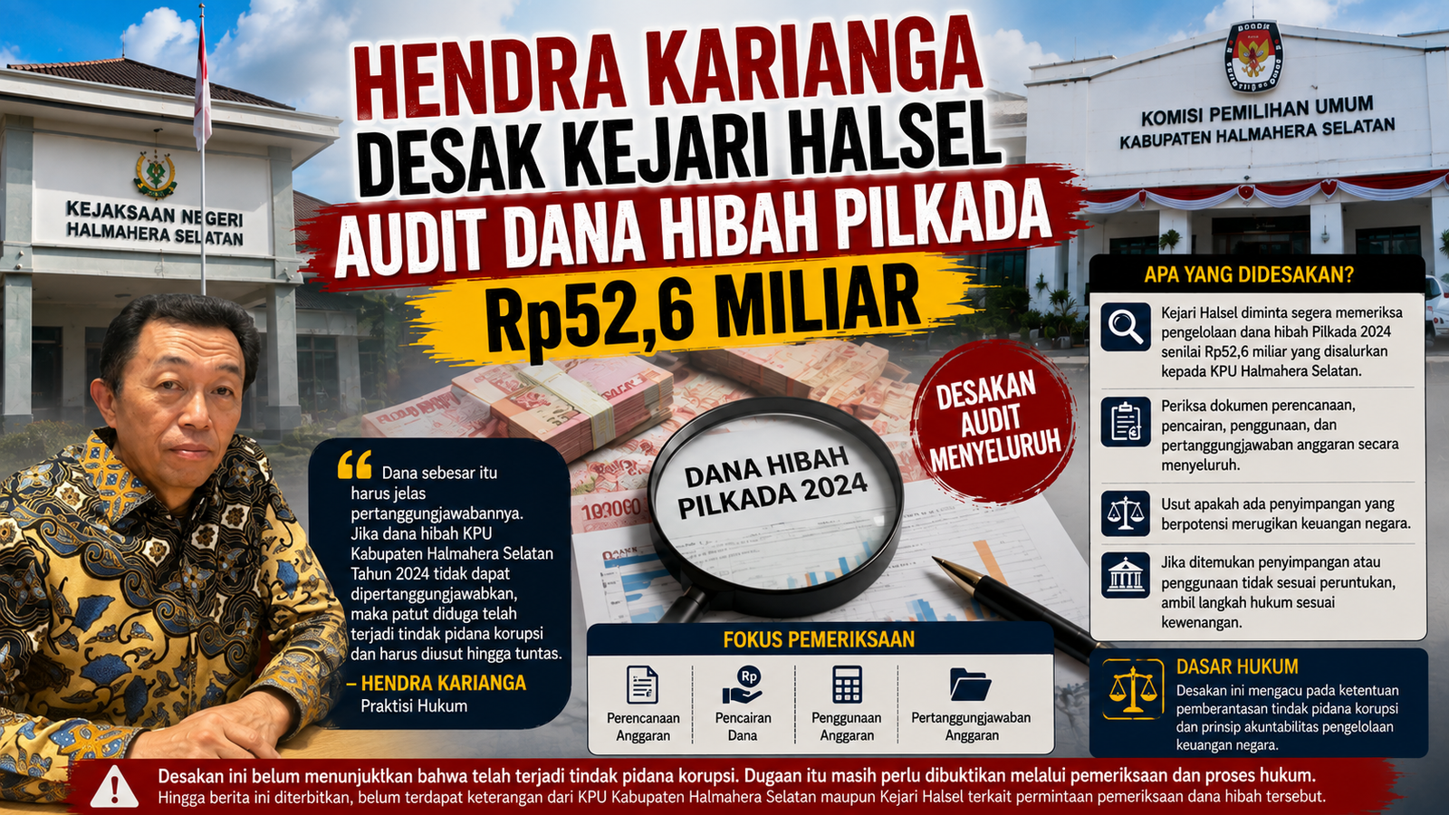 Hendra Karianga Desak Kejari Halsel Audit Dana Hibah Pilkada Rp52,6 Miliar